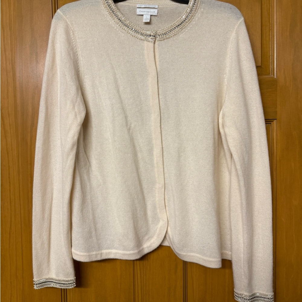 Charter Club (Macy’s) Cream 100% cashmere Cardigan with Silver Accents